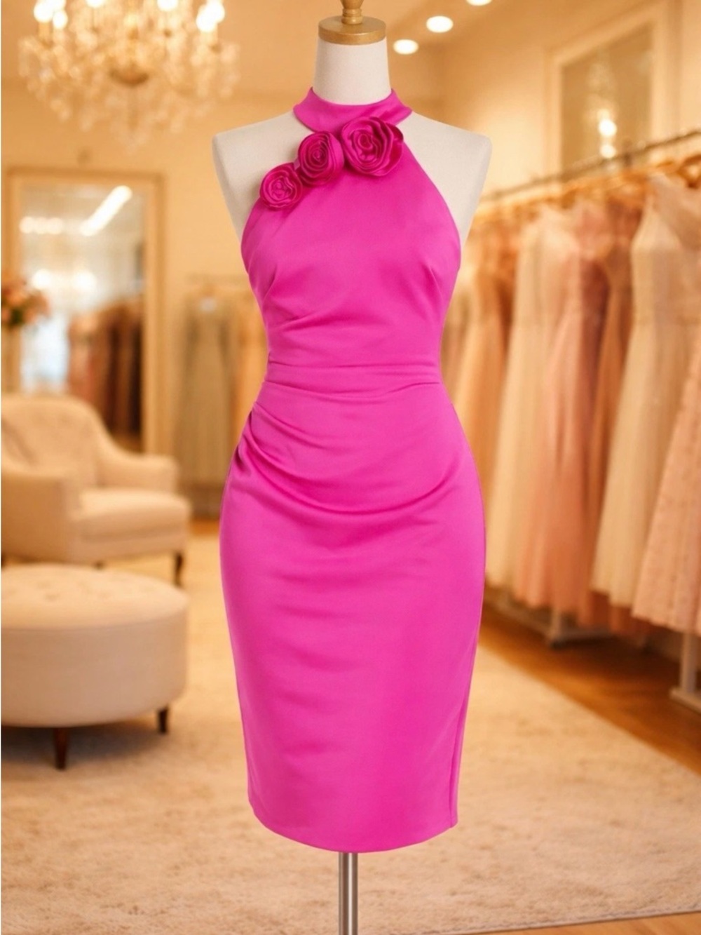 Ivy + Blue Pink Halter Bodycon Dress Rosette Neck Ruched Cocktail Size 16 NWT